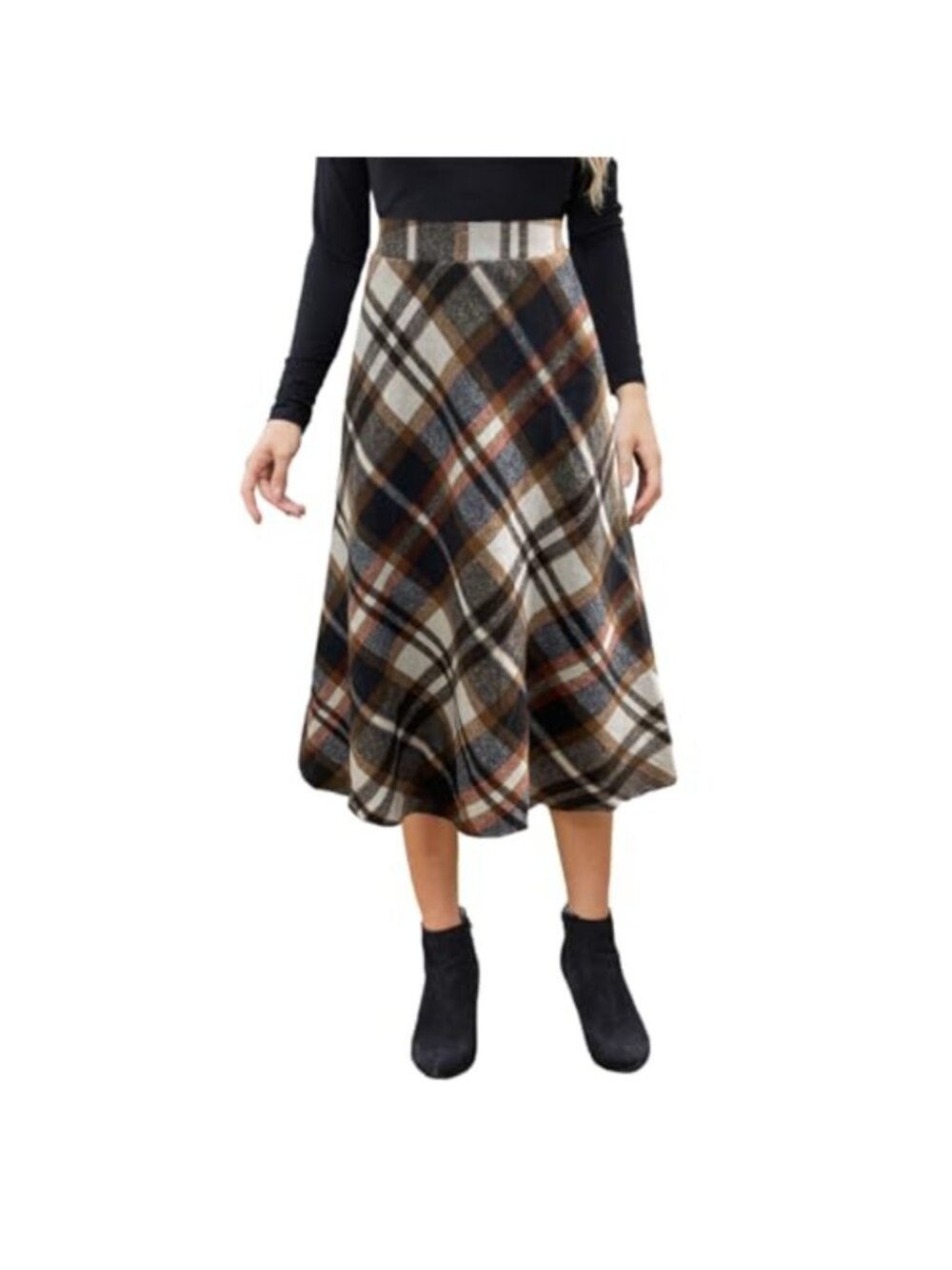 Women's Midi Plaid A-Line Skirt High Elastic Waist Vintage Flowy